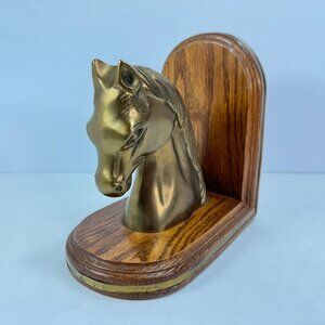 Vintage Brass Horse Head Wood Base Single Bookend 7" tall